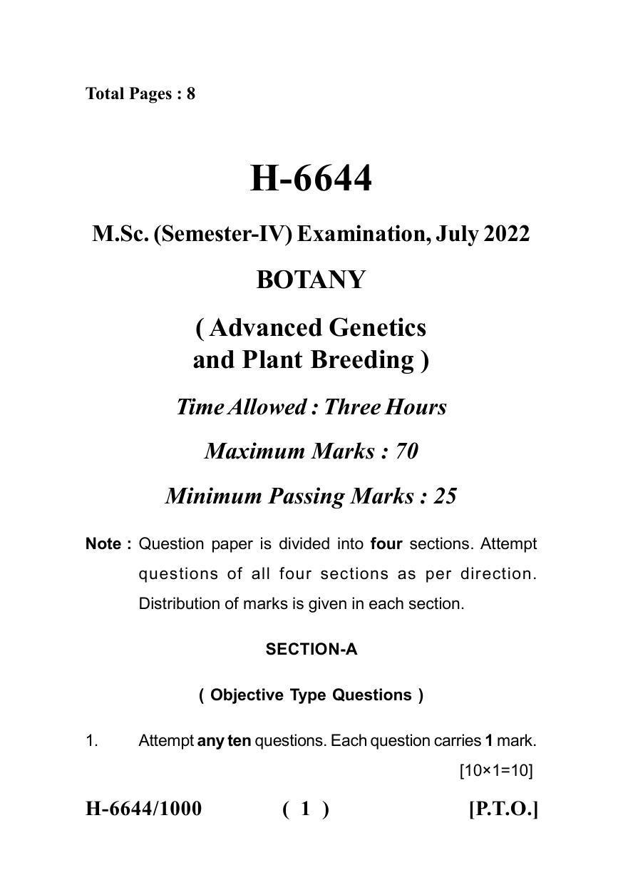 Sarguja University Question Paper July-2022 :  M.Sc. In Botany  (Fourth sem.) Advanced Genetics And  Plant  Breeding Paper 1 - Page 1