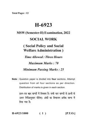 Sarguja University Question Paper - 2022 :   M.S.W (Second Sem.)Social Policy And Social Welfare Administration Paper 1