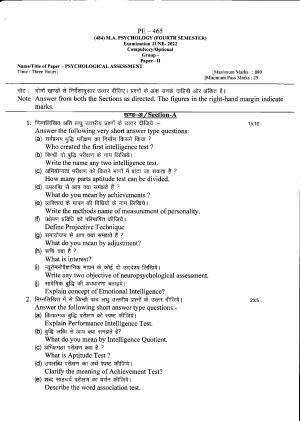 Bilaspur University Question Paper June 2022:M.A. Psychology (Fourth Semester) Psychological Assessment Paper 1