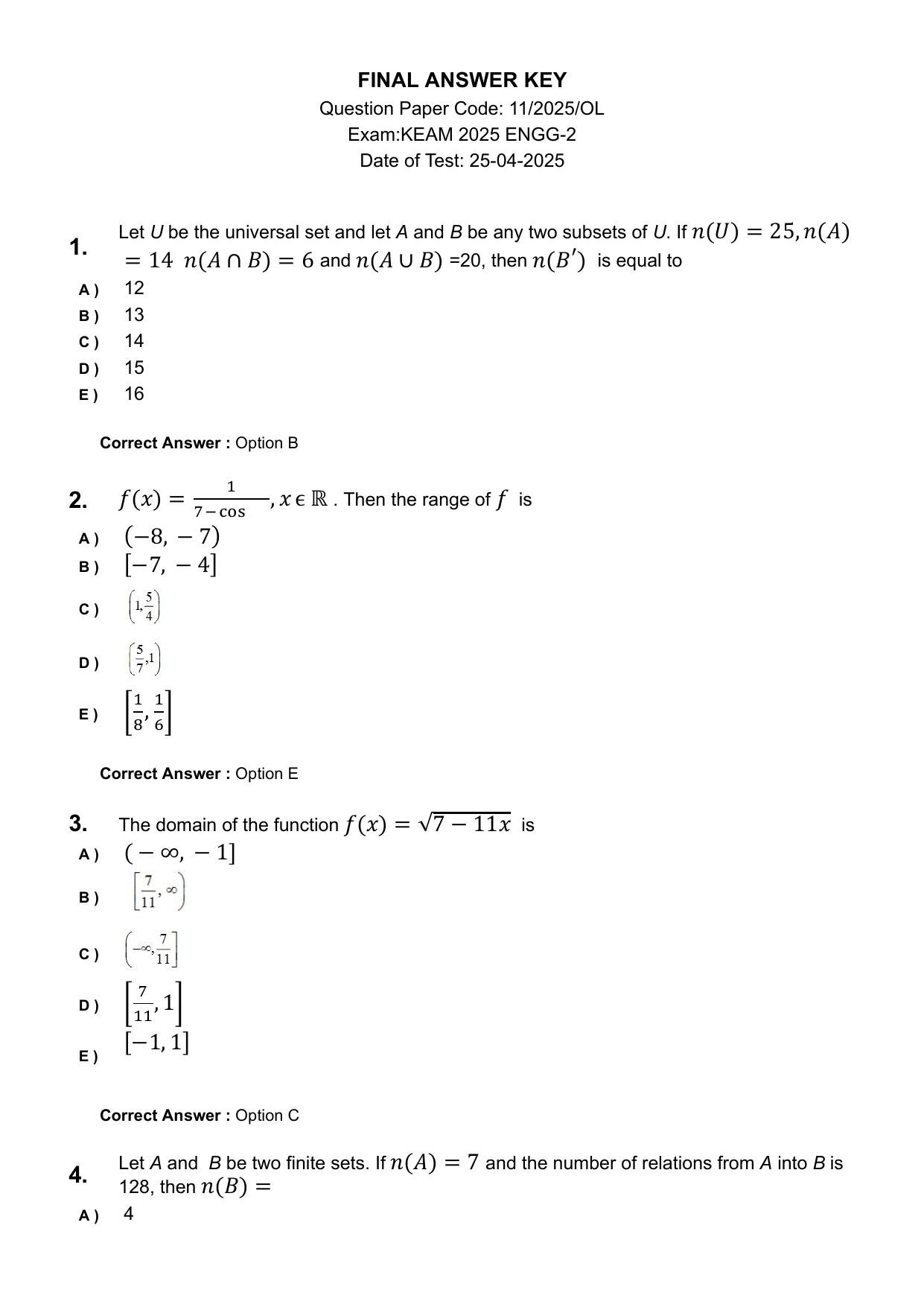 KEAM 2025 April 25 (Engineering) Question Paper with Answer Key - Page 1