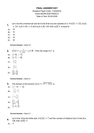 KEAM 2025 April 25 (Engineering) Question Paper with Answer Key