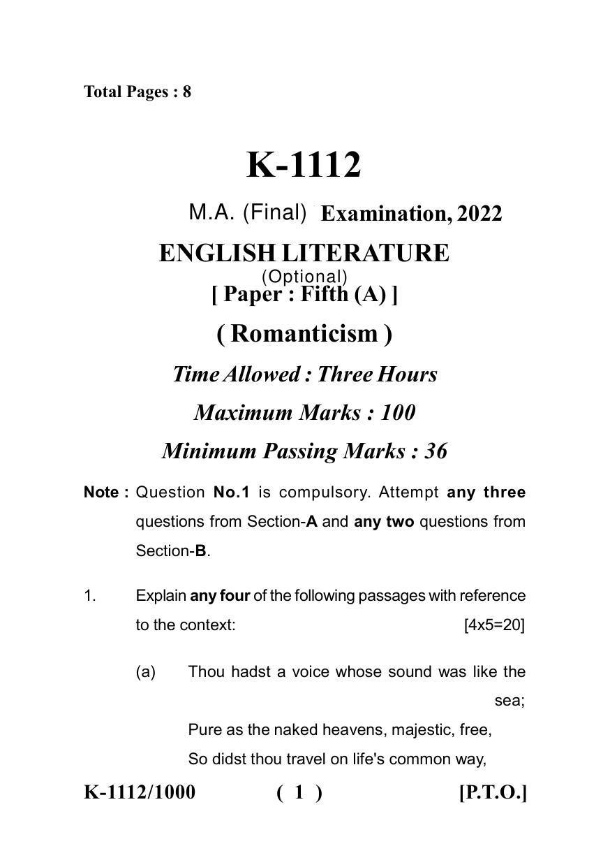 Sarguja University Question Paper - 2022 : M.A. (Final) English Romanticism Paper I - Page 1