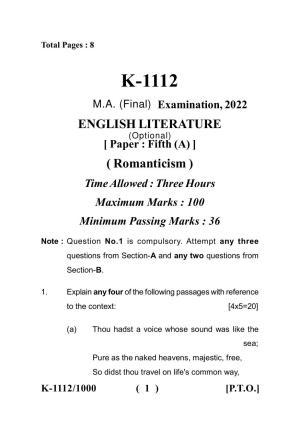 Sarguja University Question Paper - 2022 :   M.A. (Final) English Romanticism Paper I