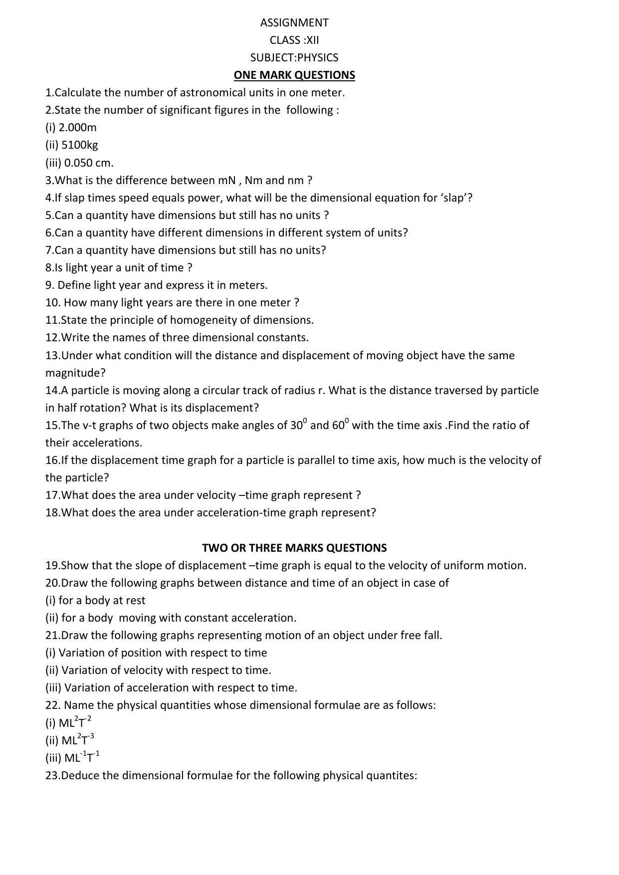 CBSE Worksheets for Class 11 Physics Assignment 5 - Page 1