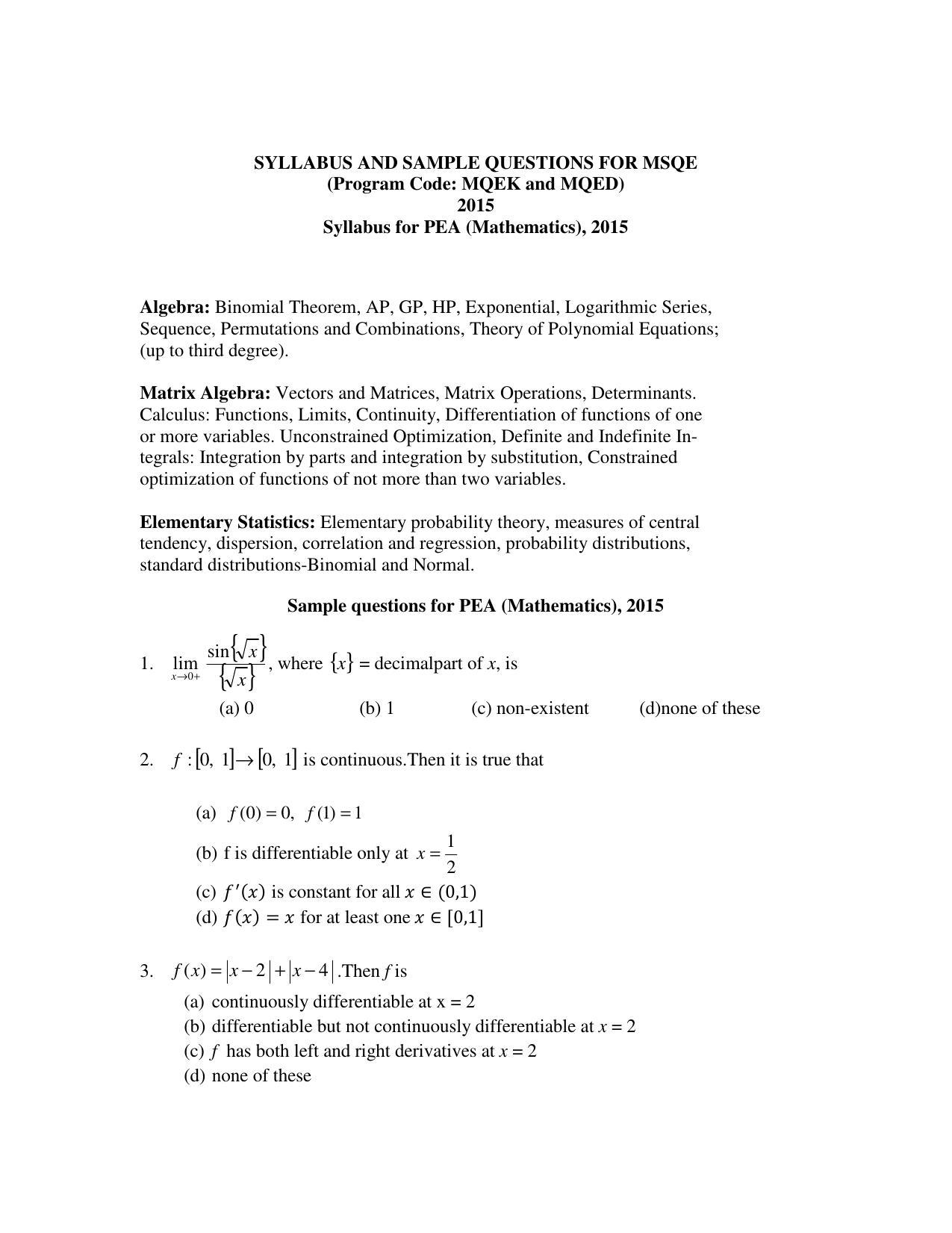  ISI Admission Test M.S.(QE) PEB 2015 Sample Paper - Page 1