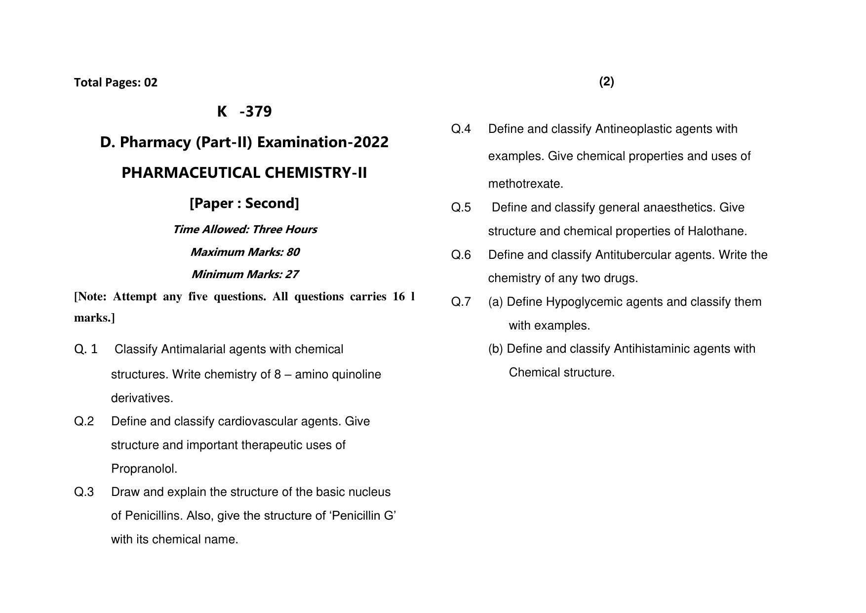 Sarguja University Question Paper - 2022 : Diploma In Pharmacy Part-II Pharmaceutical Chemistry-II Paper I - Page 1