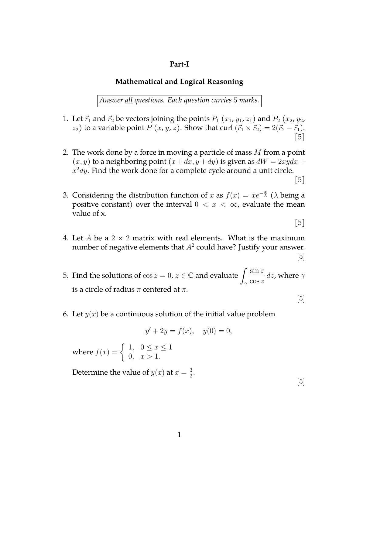 ISI Admission Test JRF in Physics and Applied Mathematics (PHB) 2024 Sample Paper - Page 1