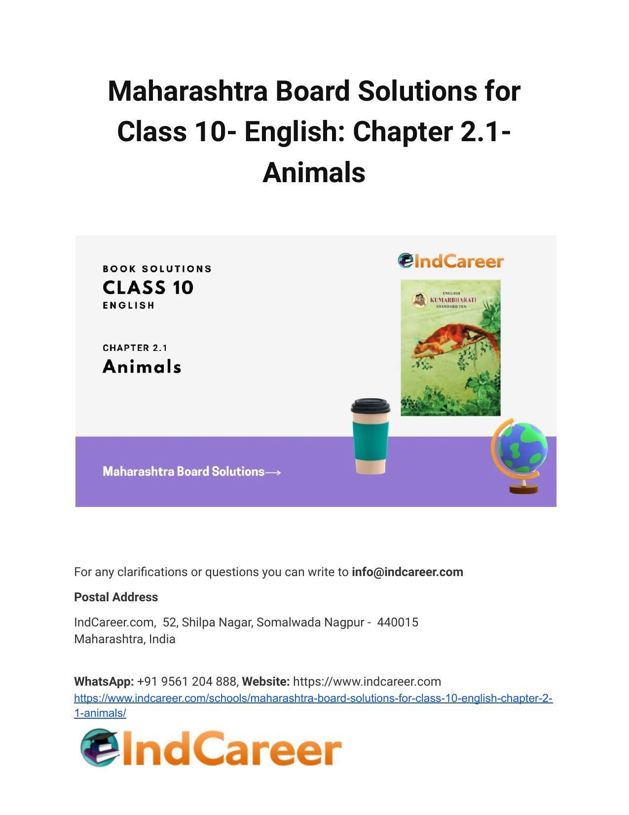 Maharashtra Board Solutions for Class 10- English: Chapter Animals - IndCareer Docs Maharashtra Board Solutions for Class 10- English: Chapter Animals - IndCareer Docs