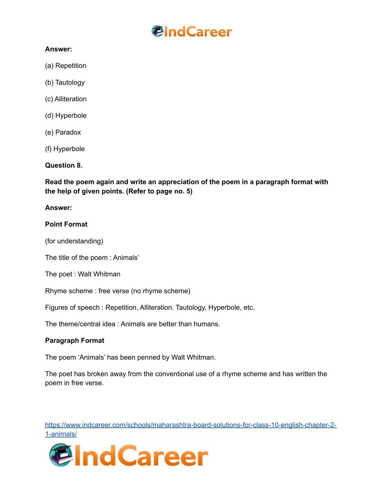Maharashtra Board Solutions for Class 10- English: Chapter Animals - IndCareer Docs Maharashtra Board Solutions for Class 10- English: Chapter Animals - IndCareer Docs