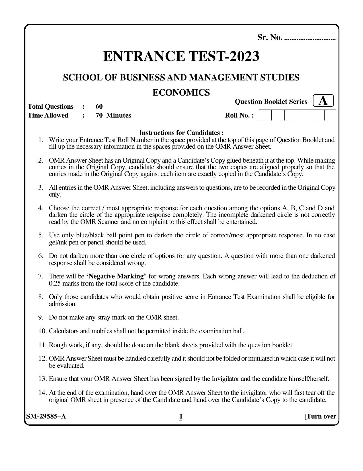 KUET 2023 M.A. Economics Question Paper - Page 1