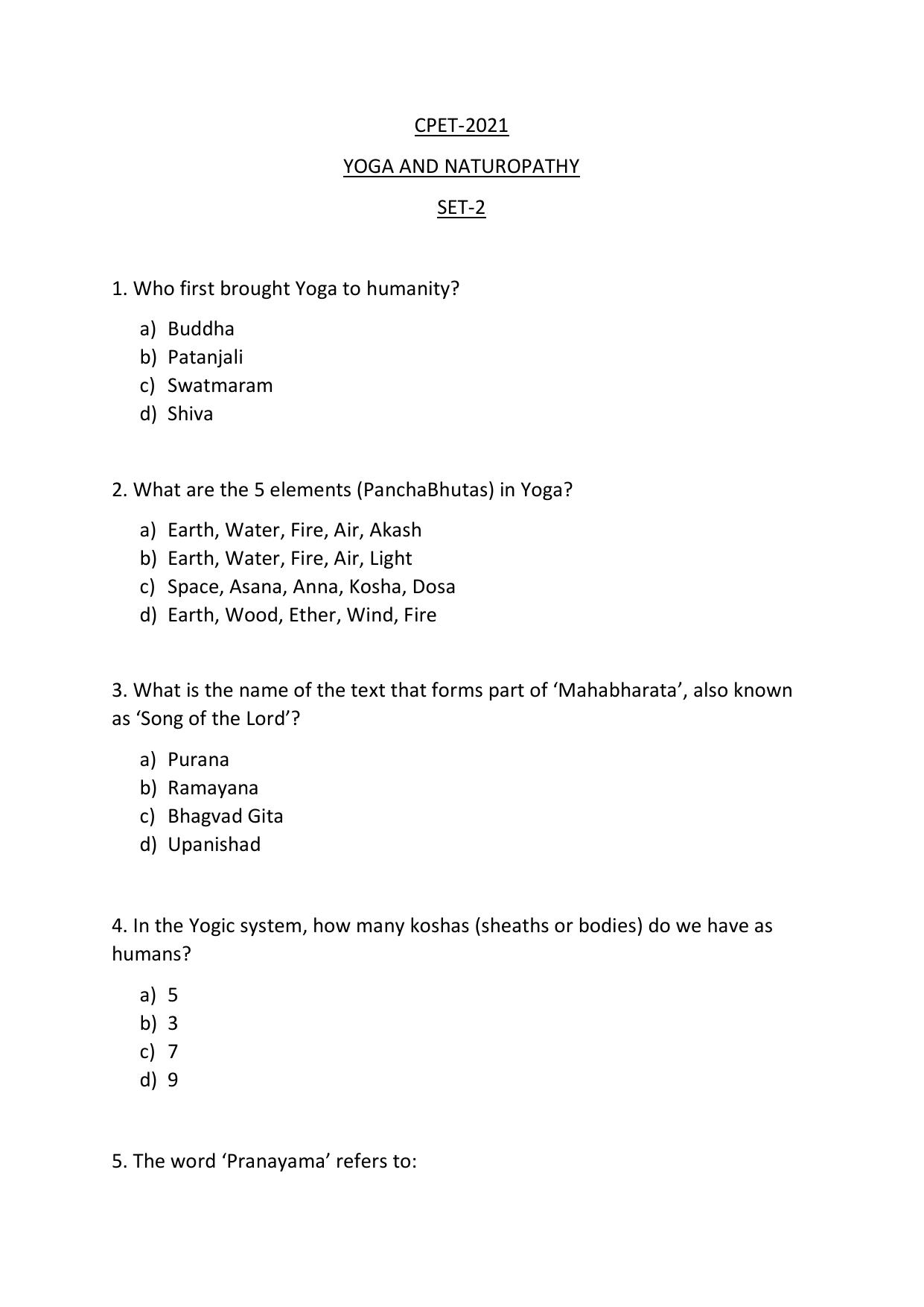 Odisha CPET YOGA & NATUROPATHY SET II 2021 Question Paper - Page 1
