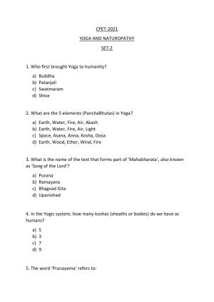 Odisha CPET YOGA & NATUROPATHY SET II 2021 Question Paper
