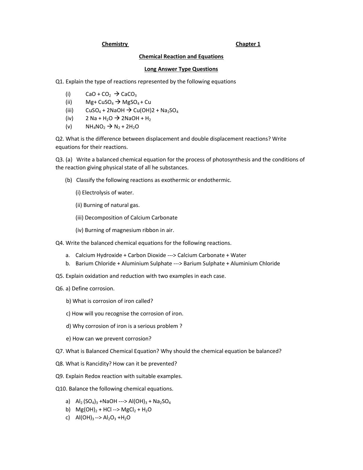 JKBOSE Class 10 Chemical Reactions and Equations (Chemistry) Question Bank - Page 1