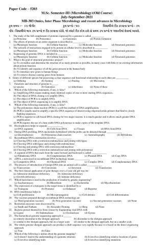 Hemchand North Gujarat University Sample Paper July-Sept 2021: M.Sc. Semester-III MB - 303  Omics, Inter Phase Microbiology and recent advances in Microbiology  Paper Code – 5203 (Old Course)