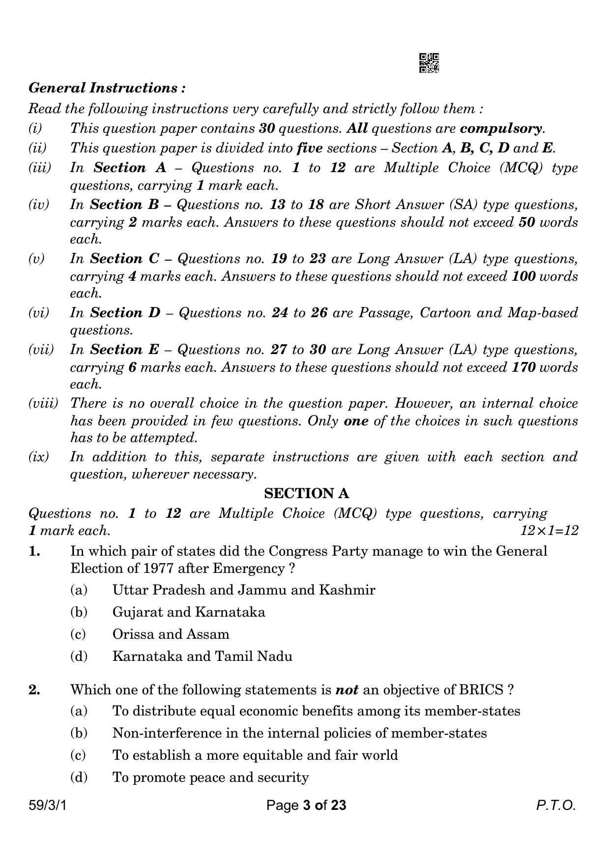 CBSE Class 12 59-3-1 Political Science 2023 Question Paper - Page 3