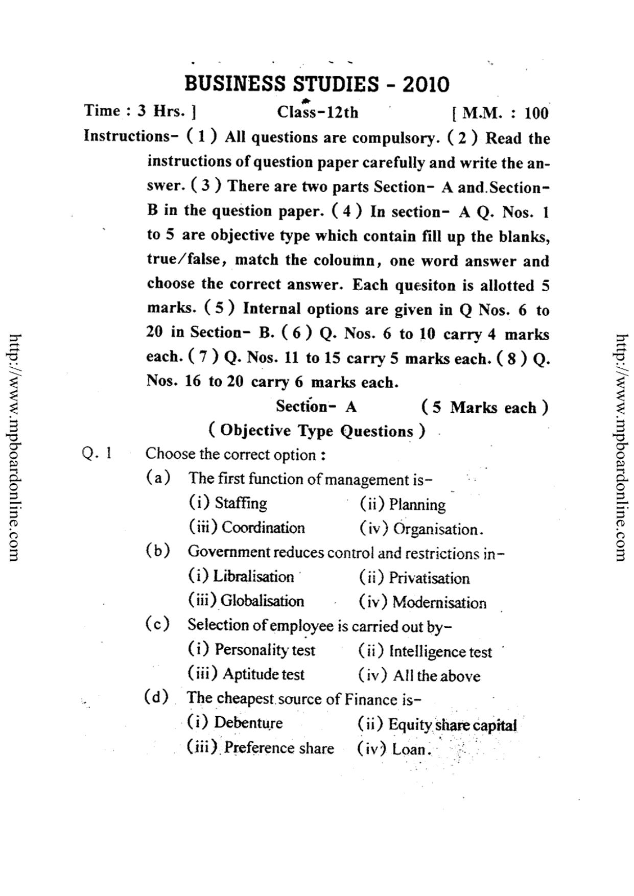 MP Board Class 12 Business Studies (English Medium) 2010 Question Paper - Page 1