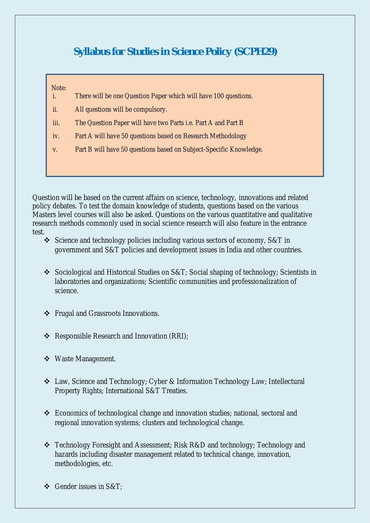 NTA PhD Entrance Exam Studies in Science Policy Syllabus - Page 1