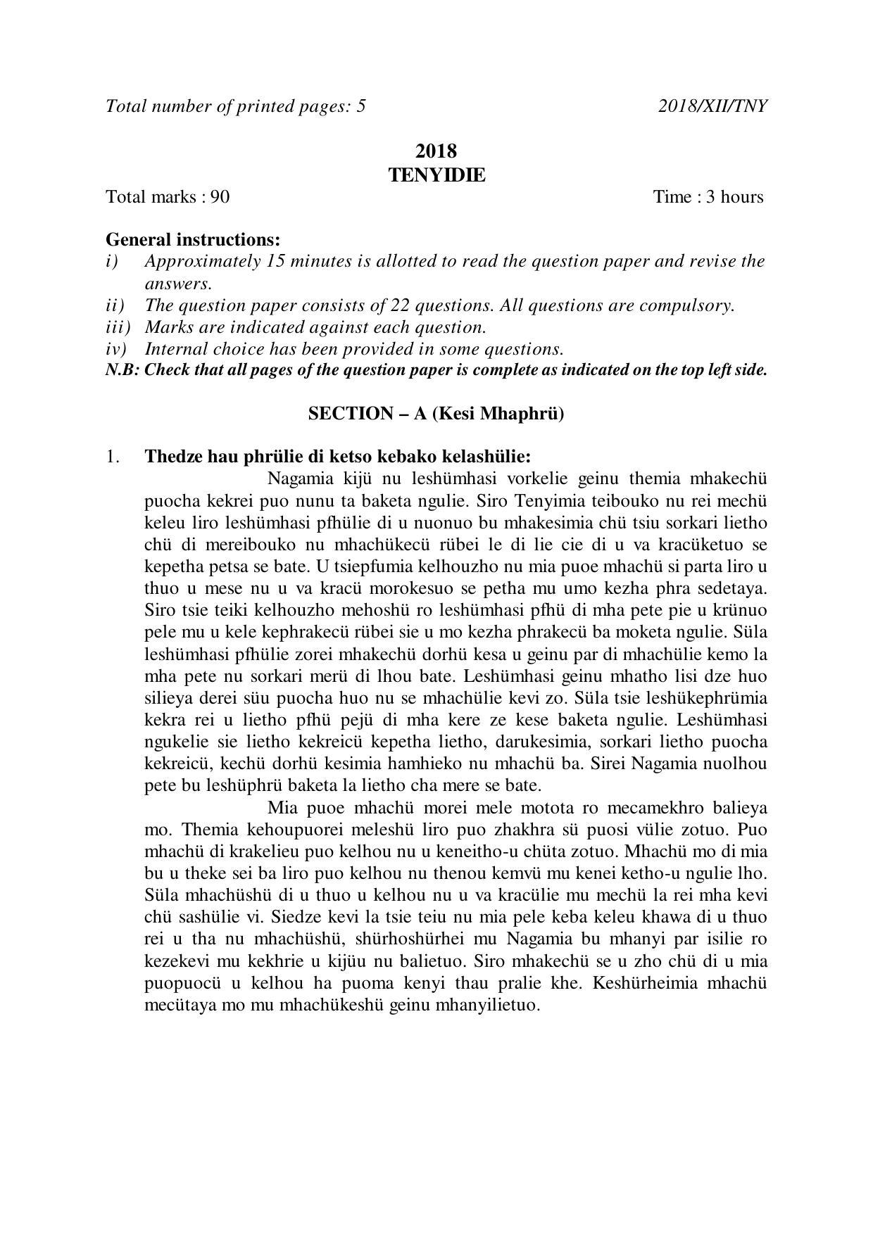 Nagaland Board Class 12 TENYIDIE 2018 Question Papers - Page 1