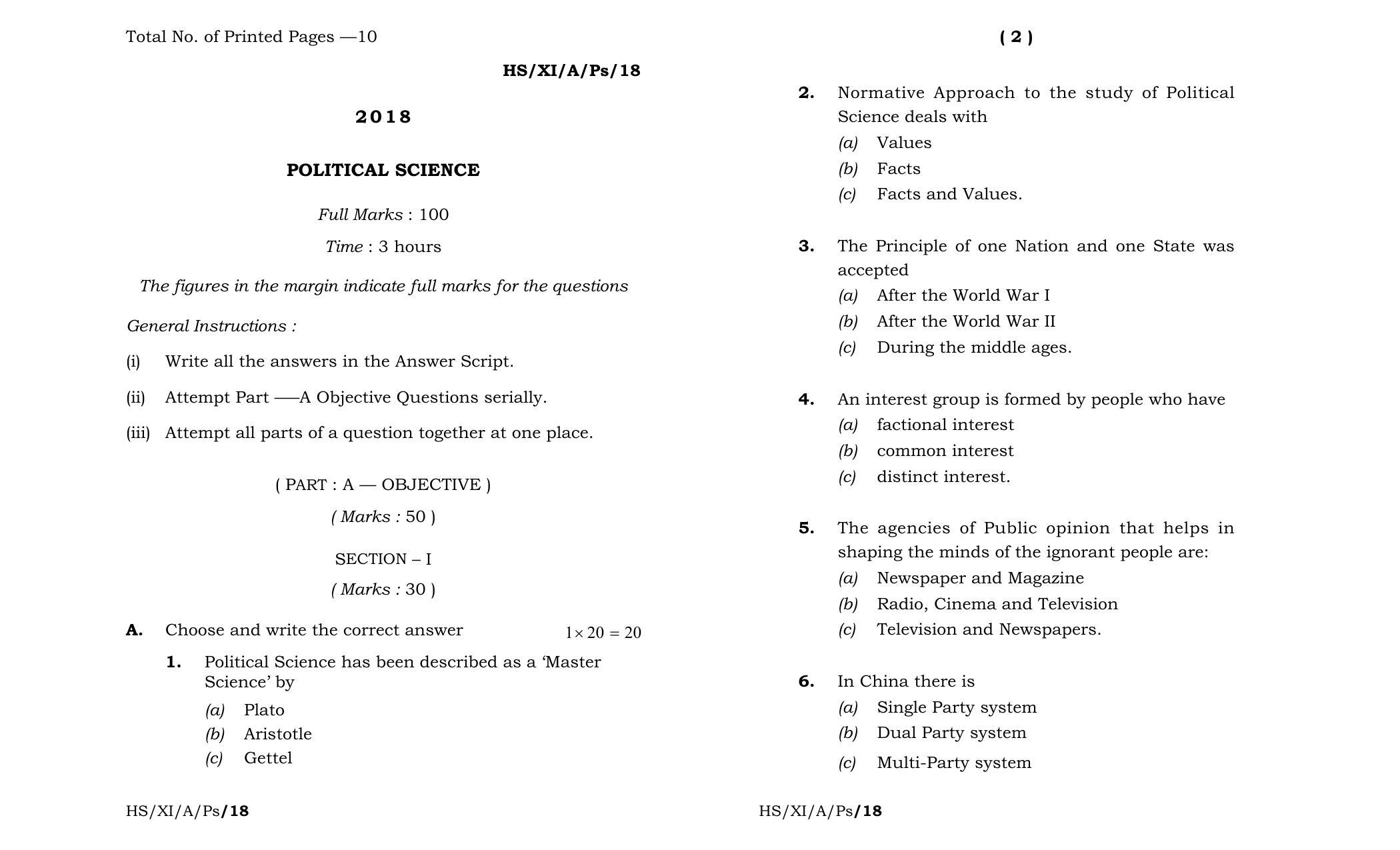 Meghalaya Board (MBOSE) Class 11 Political_Science 2018 Question Paper - Page 1