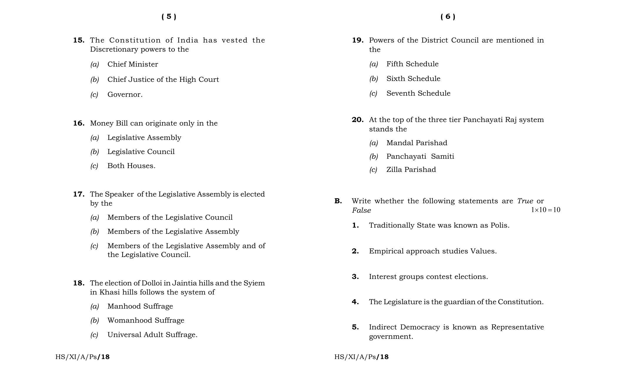 Meghalaya Board (MBOSE) Class 11 Political_Science 2018 Question Paper - Page 3