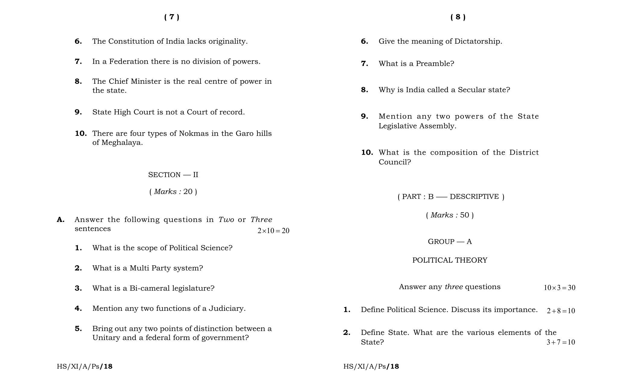 Meghalaya Board (MBOSE) Class 11 Political_Science 2018 Question Paper - Page 4