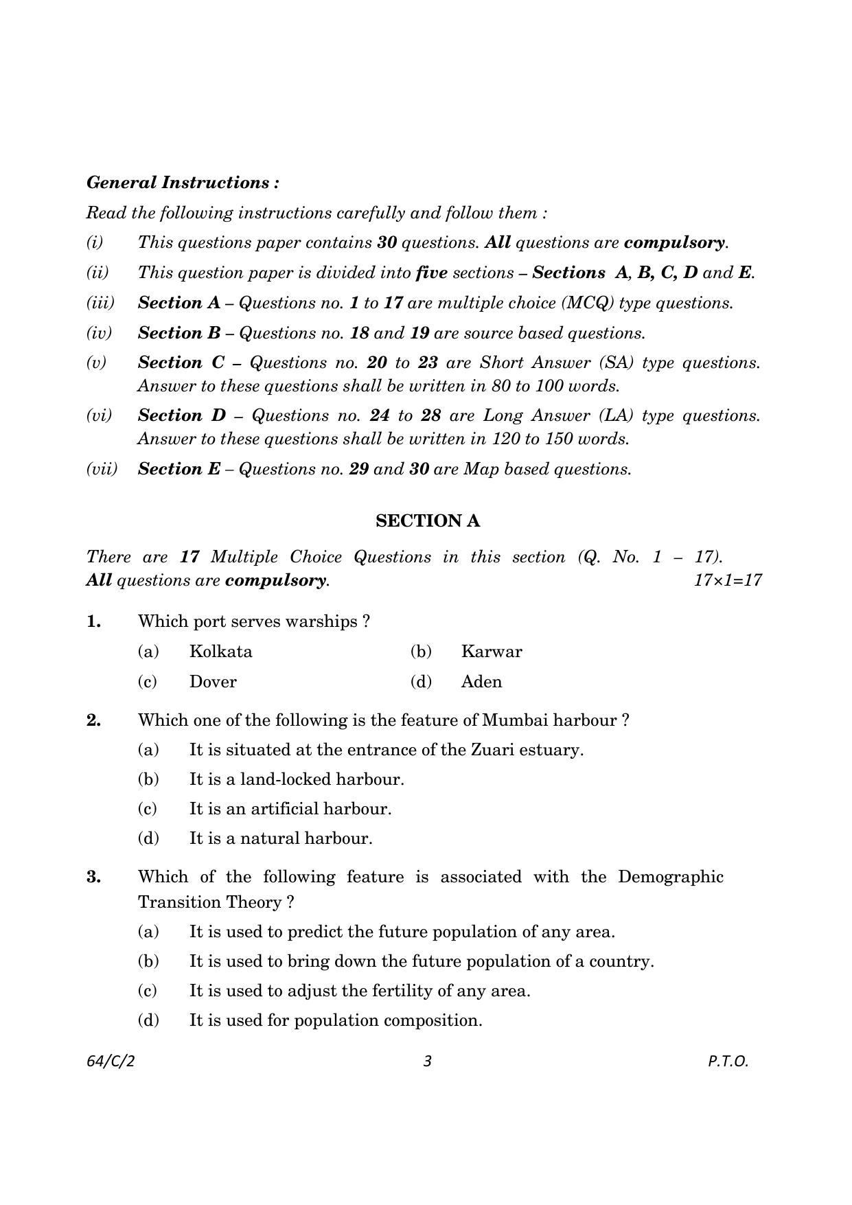 CBSE Class 12 64-2 Geography 2023 (Compartment) Question Paper - Page 3