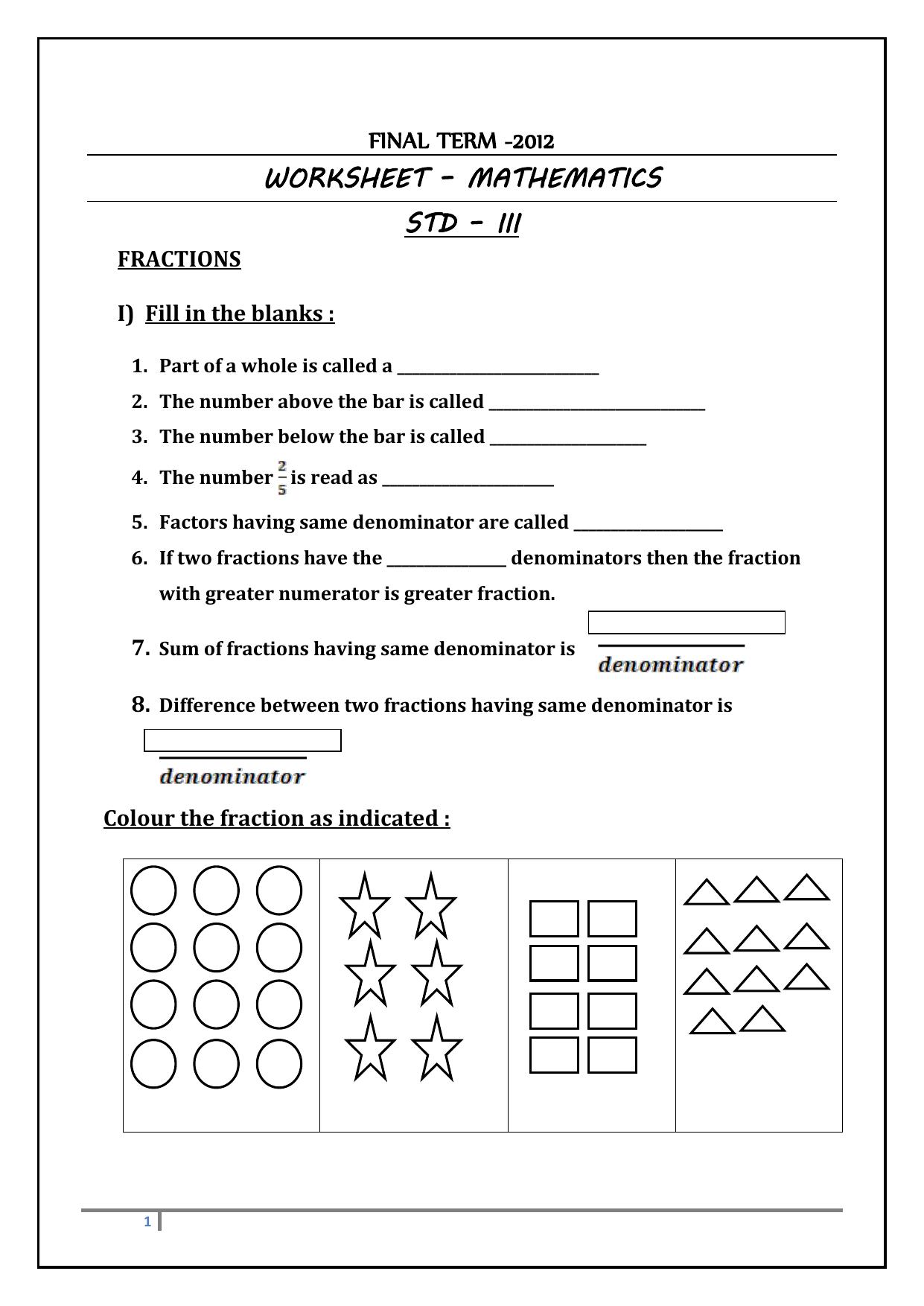 Worksheet for Class 3 Mathematics Fractions Assignment II - Page 1