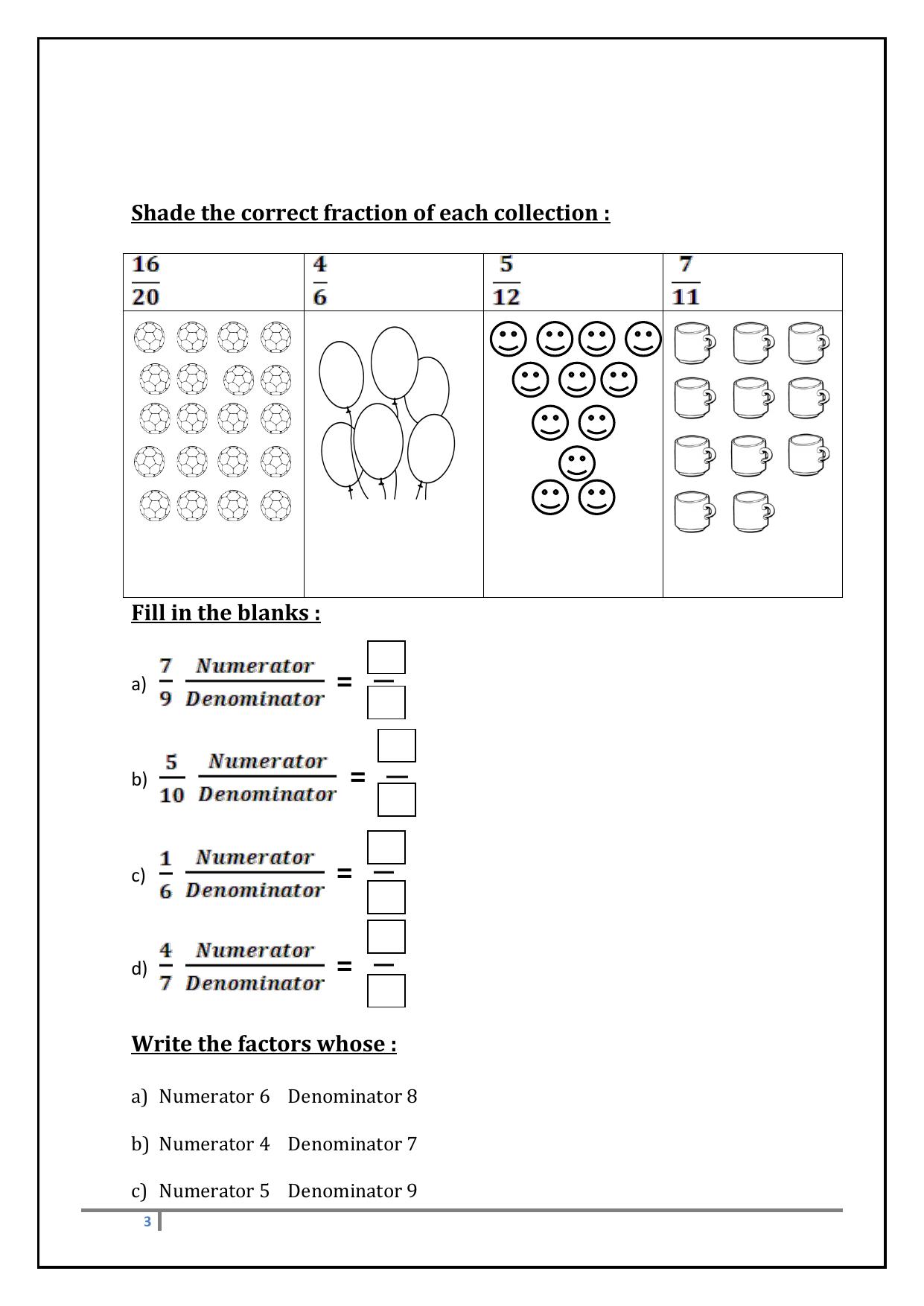 Worksheet for Class 3 Mathematics Fractions Assignment II - Page 3