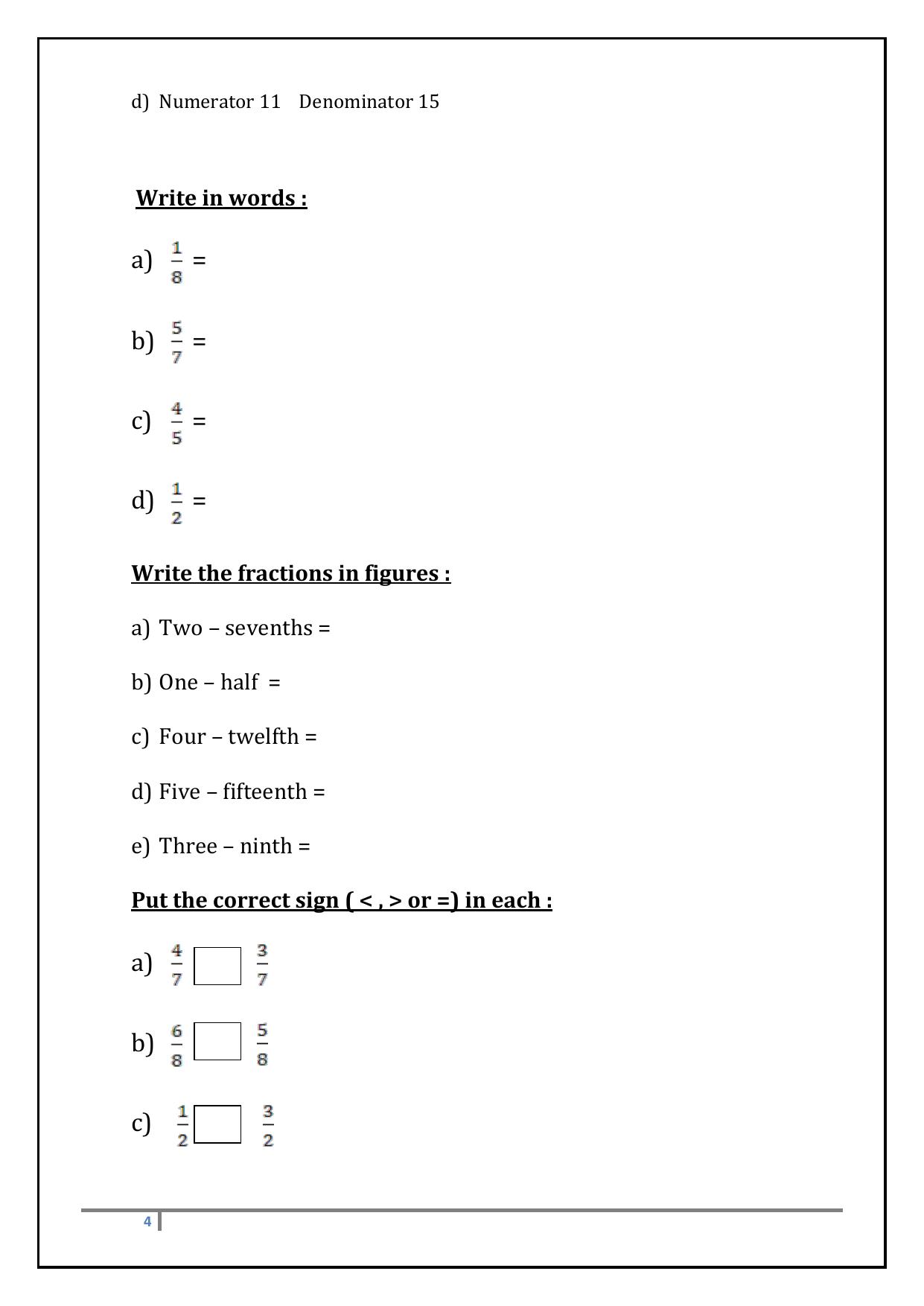 Worksheet for Class 3 Mathematics Fractions Assignment II - Page 4