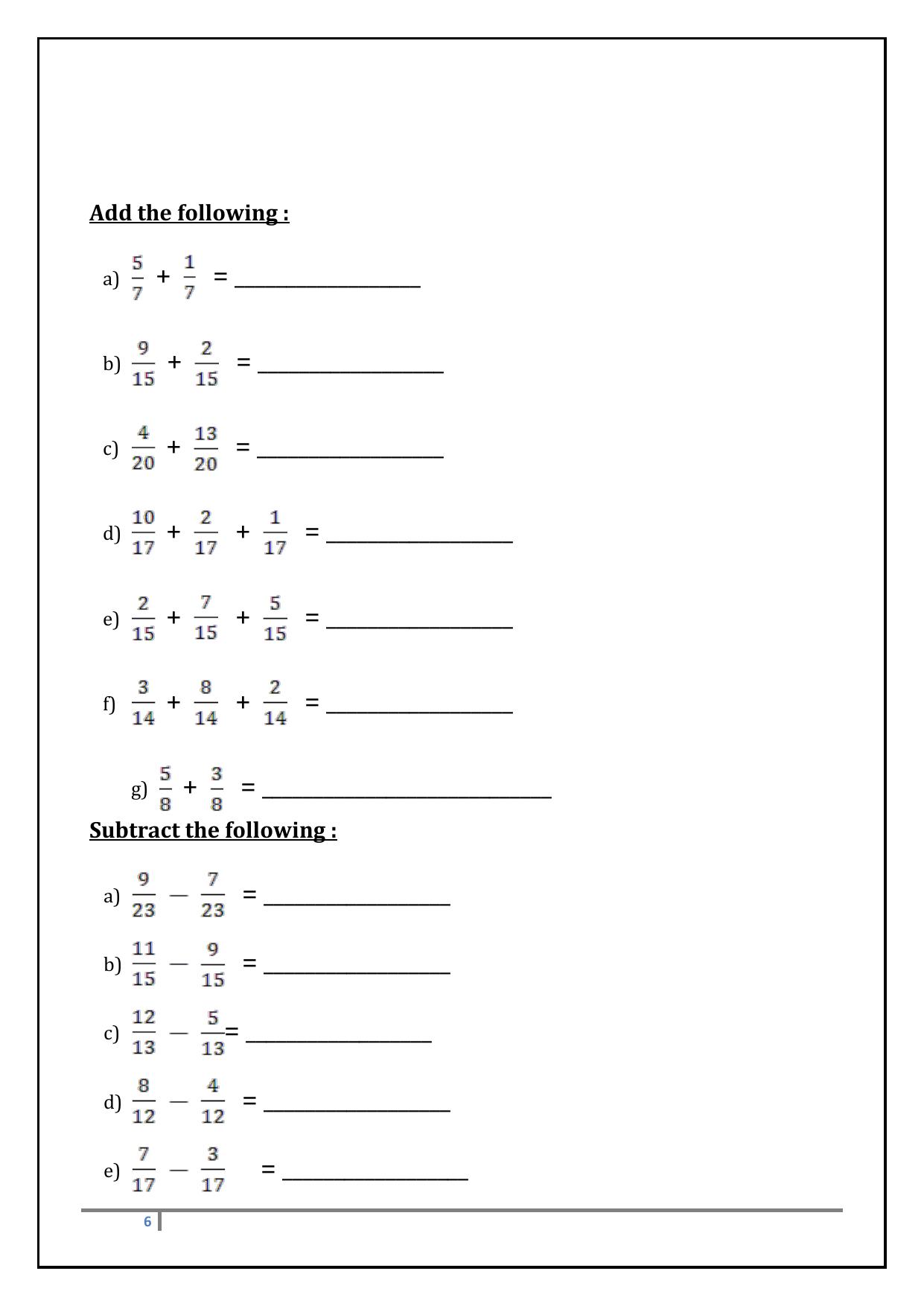 Worksheet for Class 3 Mathematics Fractions Assignment II - Page 6