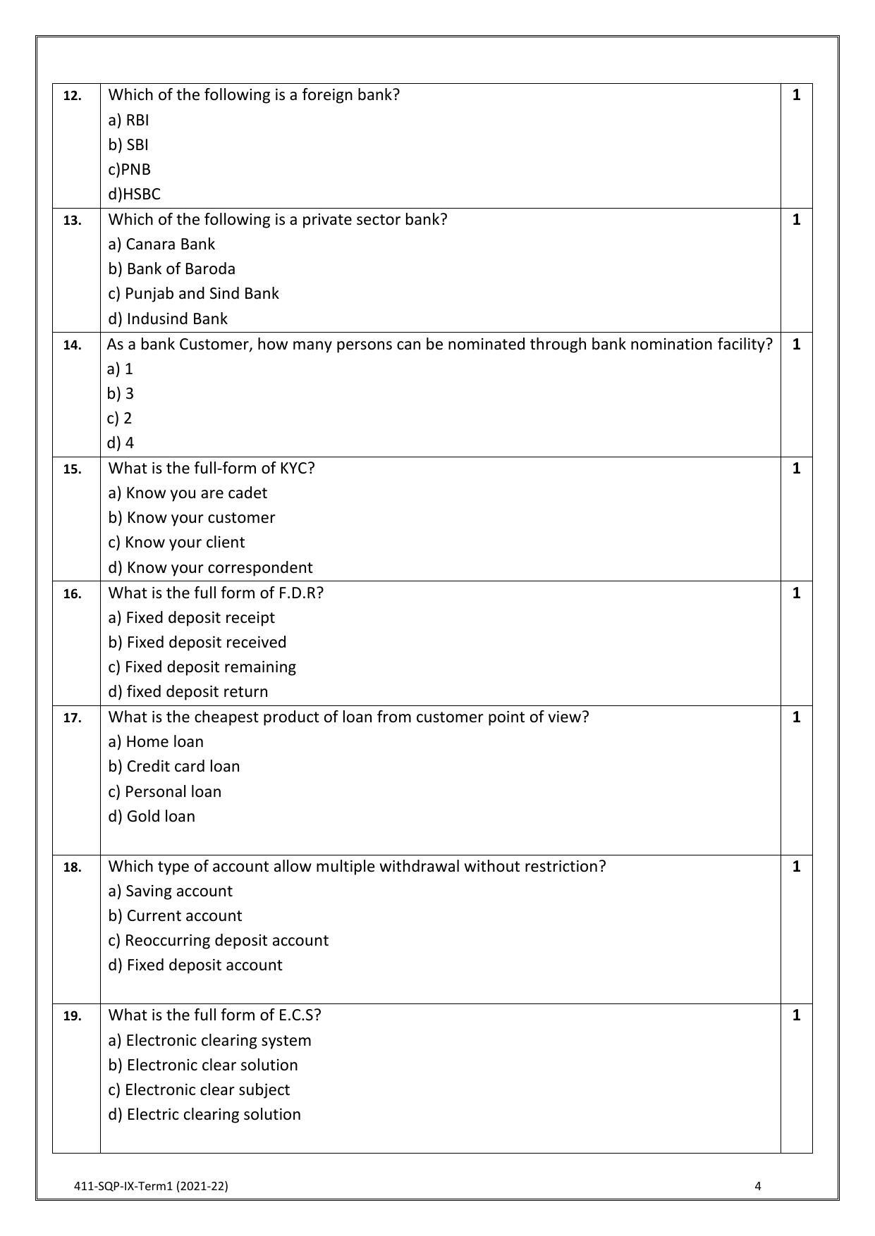 CBSE Class 10 Skill Education (Term I) - Banking & Insurance Sample Paper 2021-22 - Page 4