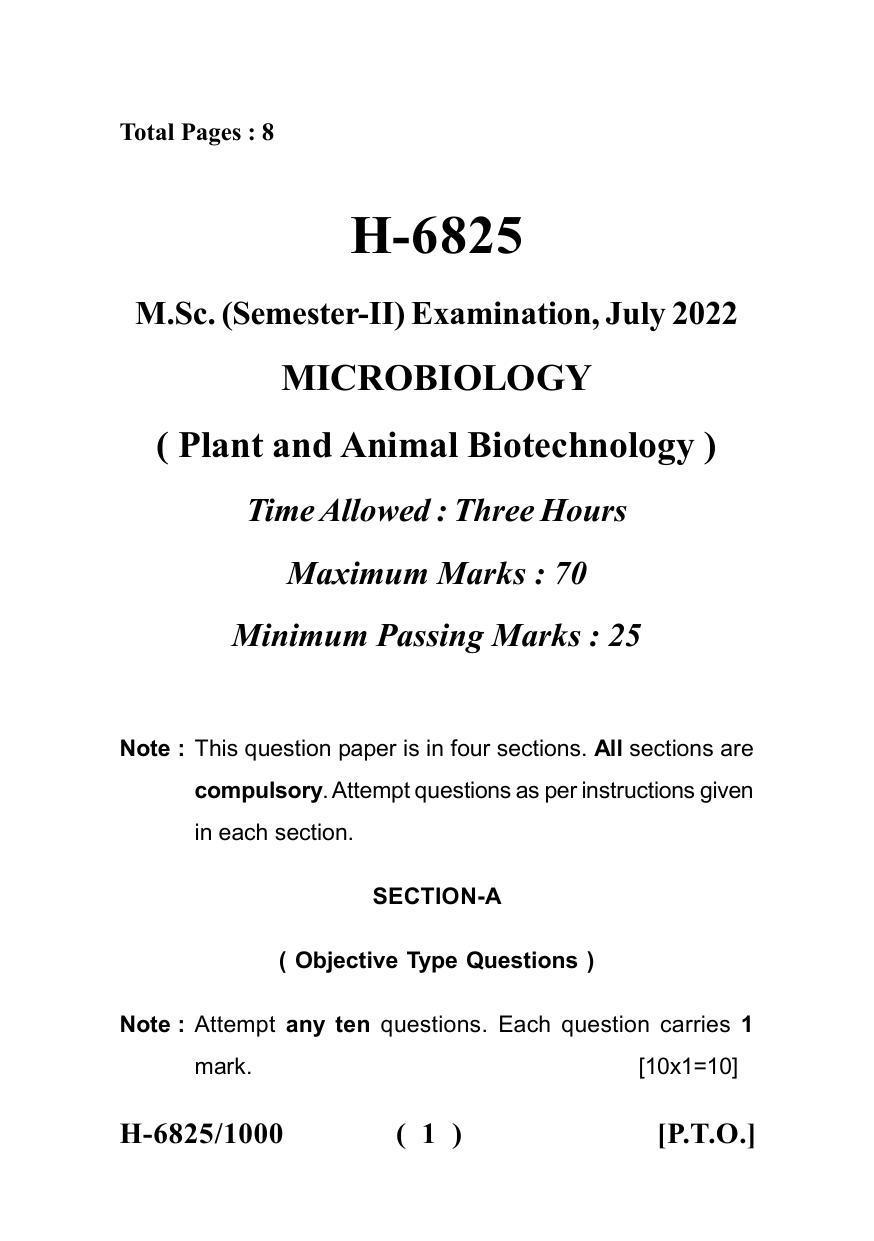 Sarguja University Question Paper July-2022 :  M.Sc. In Micro-Biology(Second Sem.) Plant And Animal Bio-Technology Paper 1 - Page 1