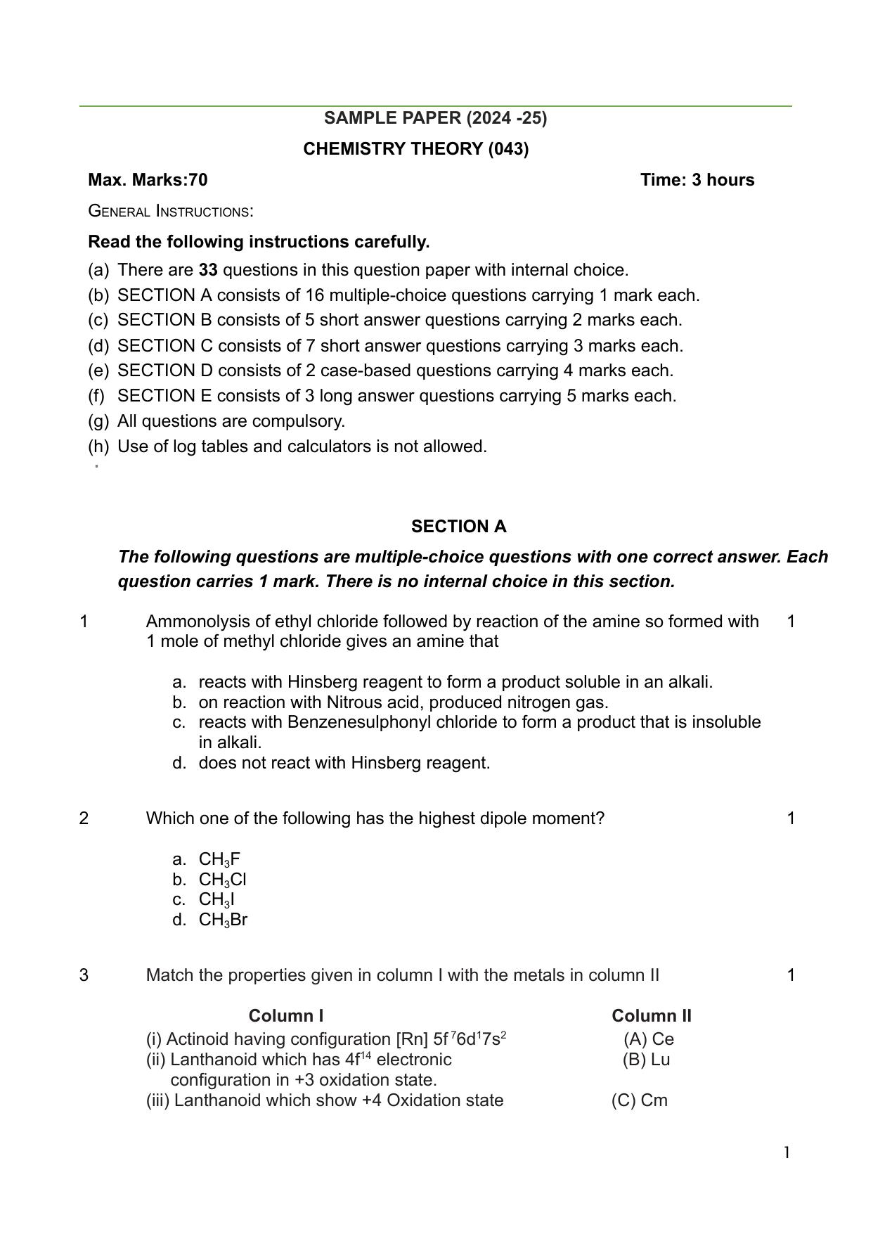 CBSE Class 12 Chemistry Sample Question Paper 2024-25 - Page 1