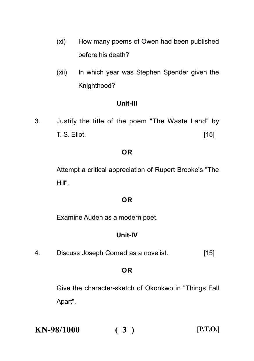 Sarguja University Question Paper - 2022 :   B.A. Part Three (10+2+3) 3 Y DC (Old Course) English Literature  Paper III - Page 3