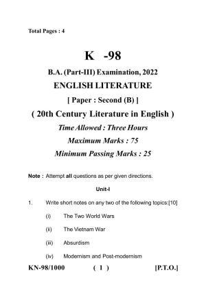 Sarguja University Question Paper - 2022 :   B.A. Part Three (10+2+3) 3 Y DC (Old Course) English Literature  Paper III
