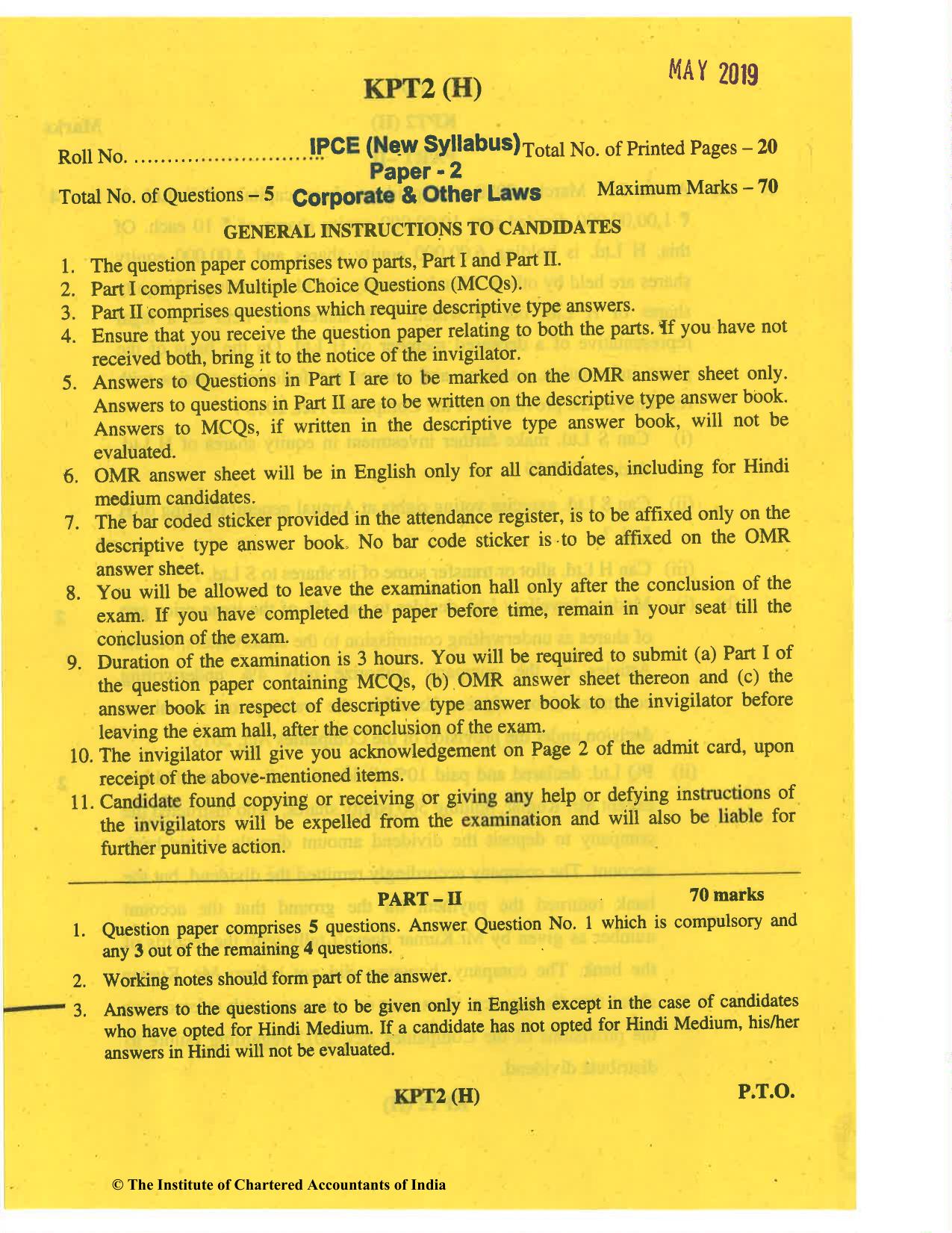 CA Inter May 2019 Question Paper - Paper 2 – Corporate and Other Laws - Page 1