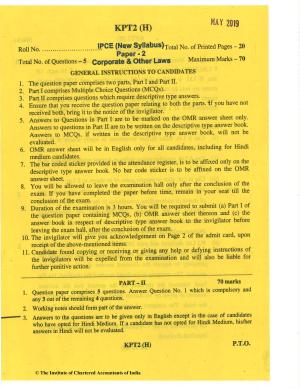 CA Inter May 2019 Question Paper - Paper 2 – Corporate and Other Laws