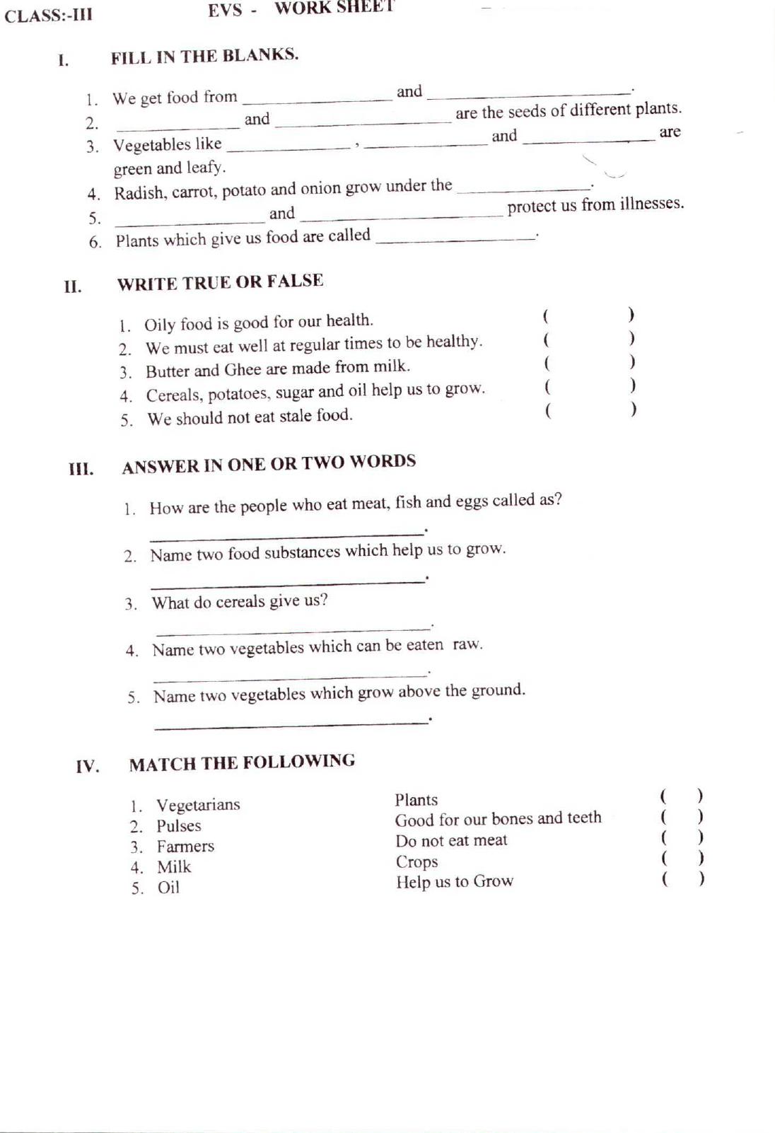 Worksheet for Class 3 EVS Assignment 98 Our Food - Page 1