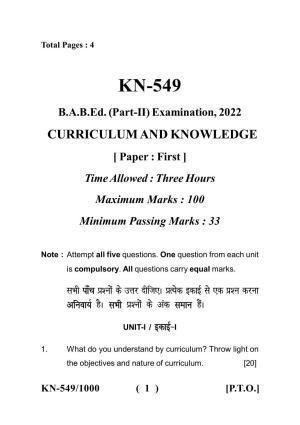 Sarguja University Question Paper - 2022 :   B.A.Bed 04 Year Integrated Course(Second Year) Curriculum And Knowledge Paper I