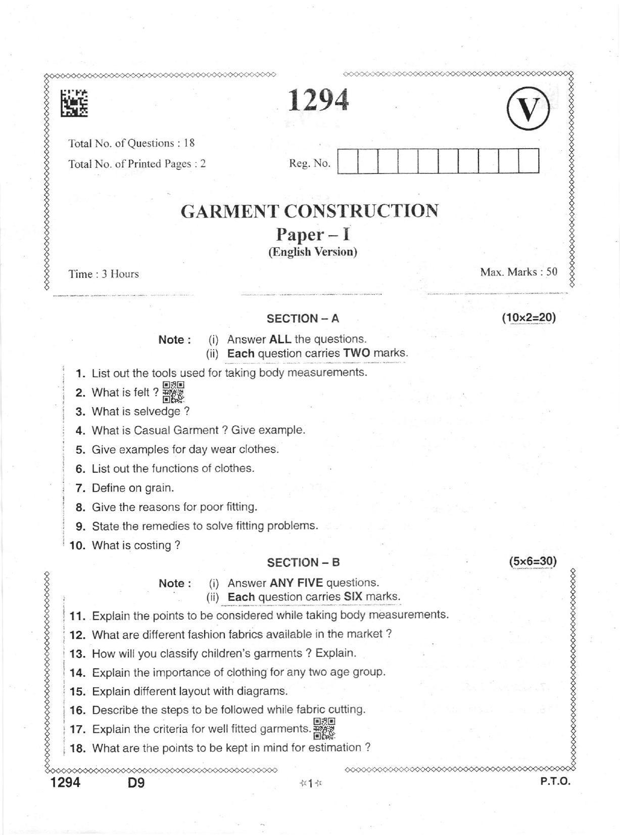 AP Intermediate 2nd Year Vocational Question Paper September-2021- Garment_Construction-I - Page 1