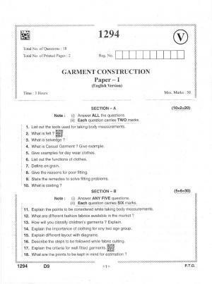 AP Intermediate 2nd Year Vocational Question Paper September-2021- Garment_Construction-I