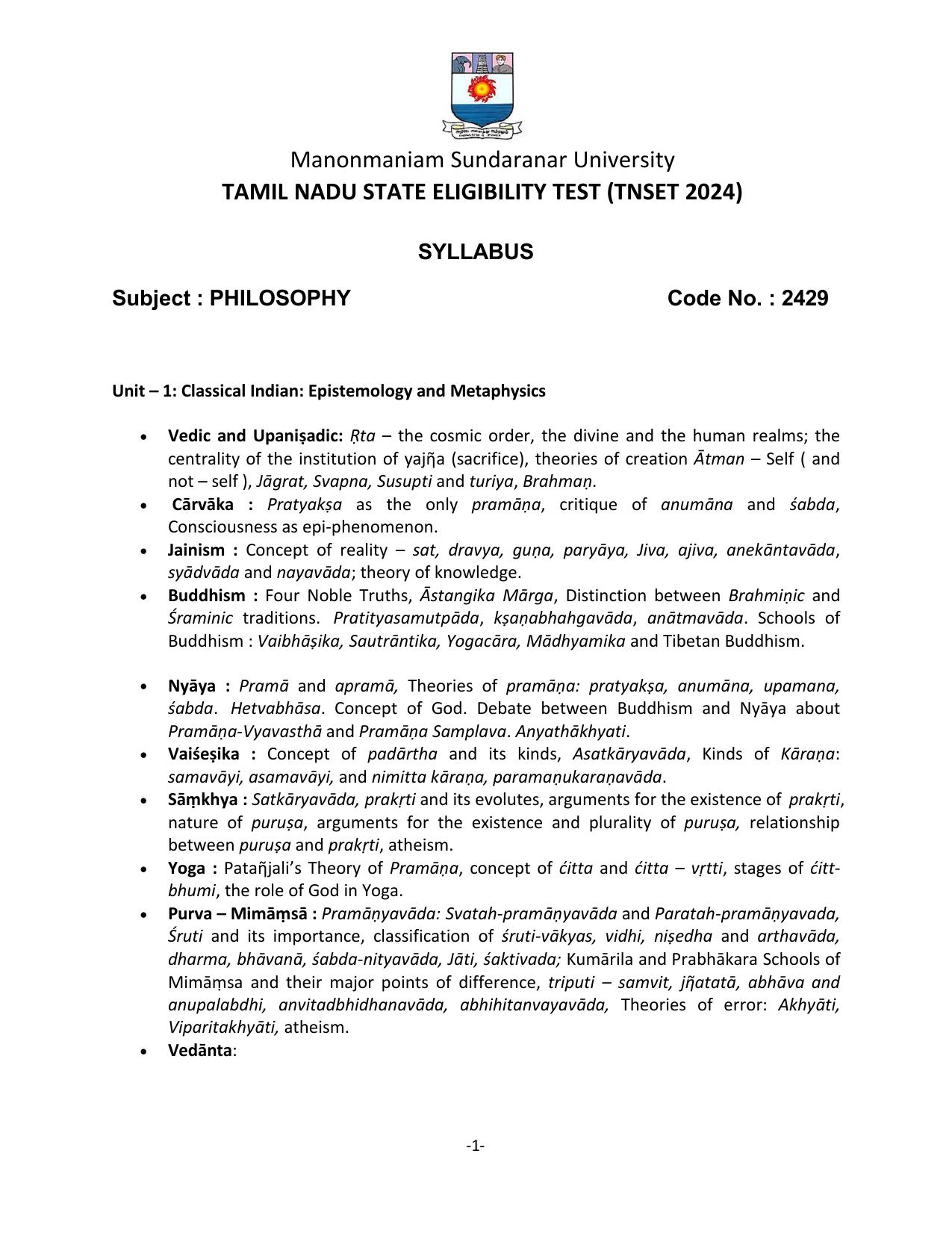 TNSET Syllabus - Philosophy - Page 1