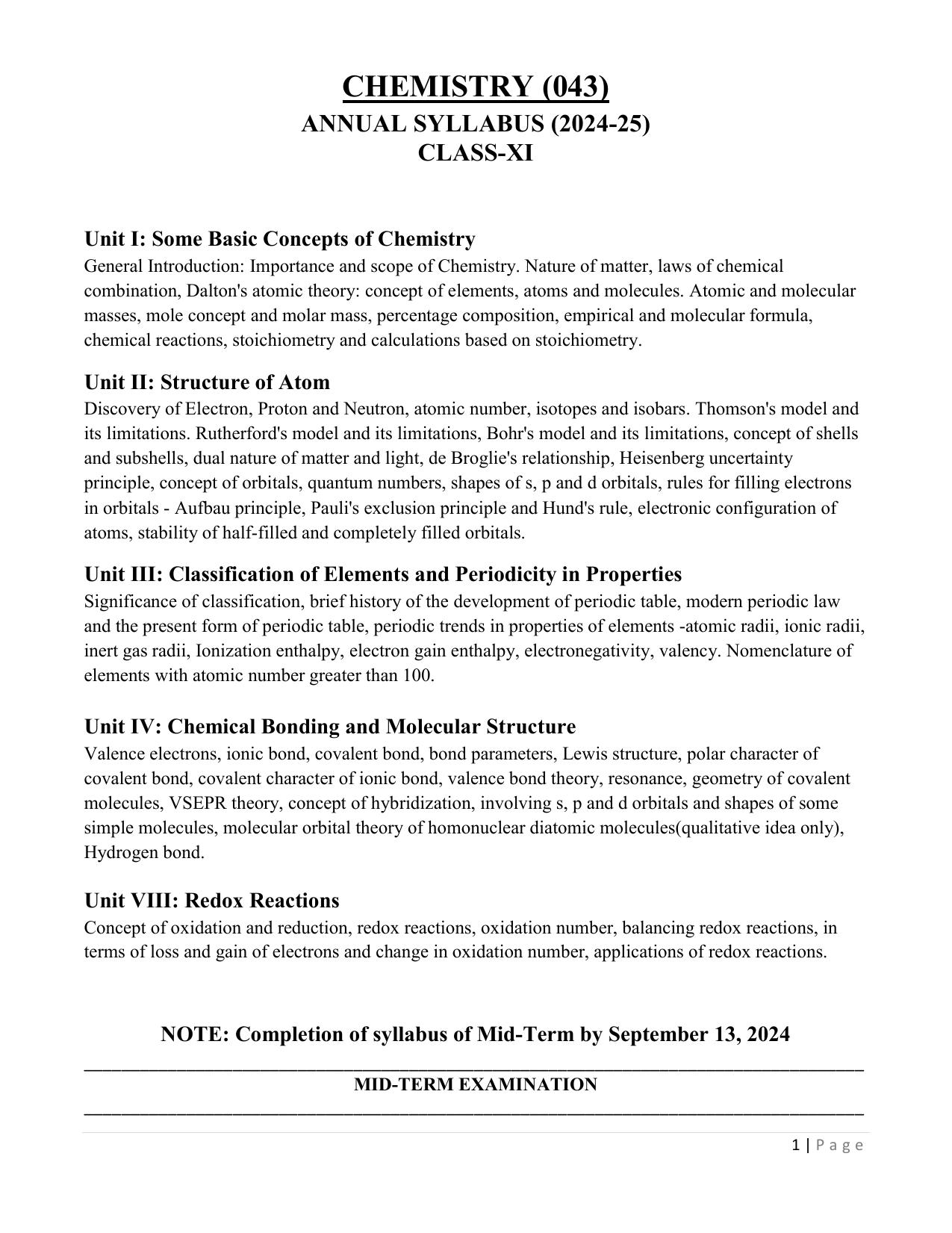 Edudel Class 11 Chemistry (English Medium) Syllabus 2025 - Page 1