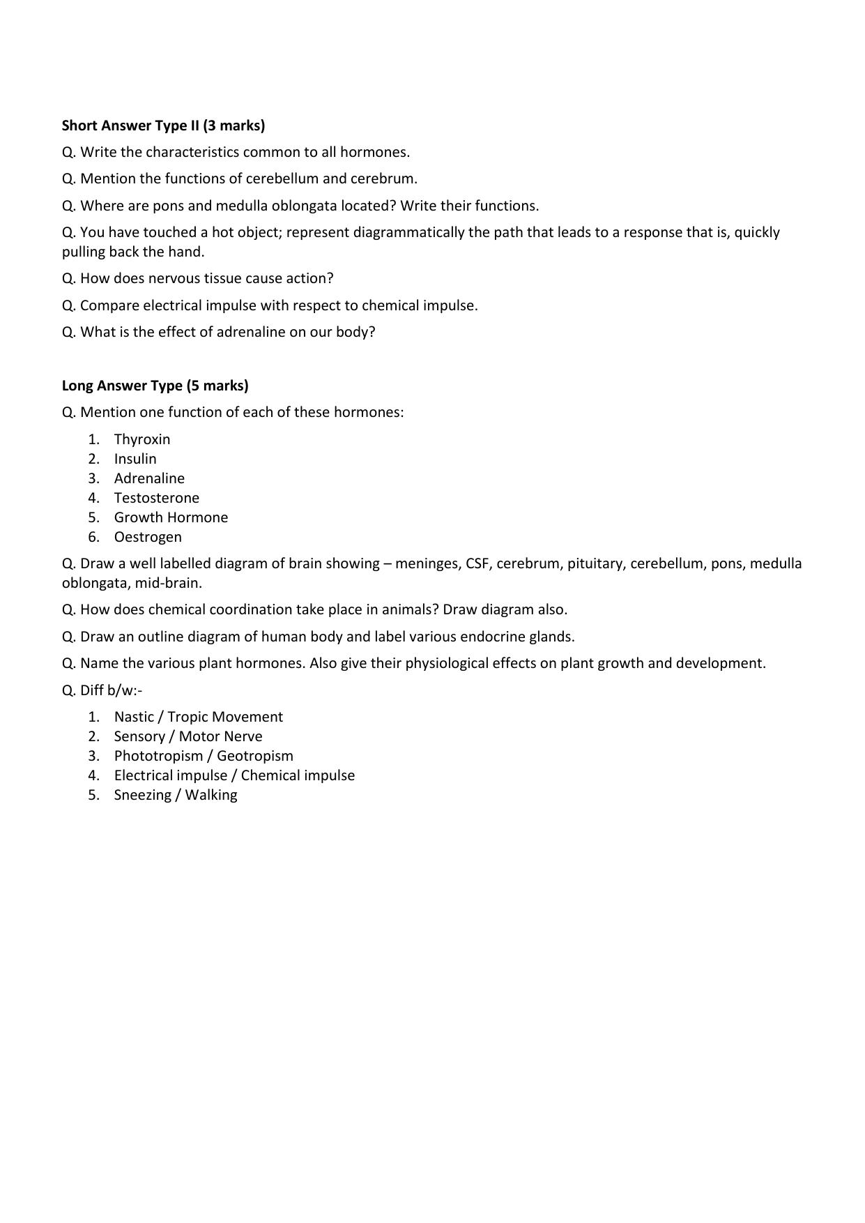 CBSE Worksheets for Class 10 Biology Control And Co-Ordination Assignment 2 - Page 2