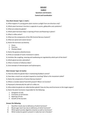 CBSE Worksheets for Class 10 Biology Control And Co-Ordination Assignment 2