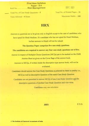 CA Final Dec 2021 Question Paper - Paper 6A – Risk Management