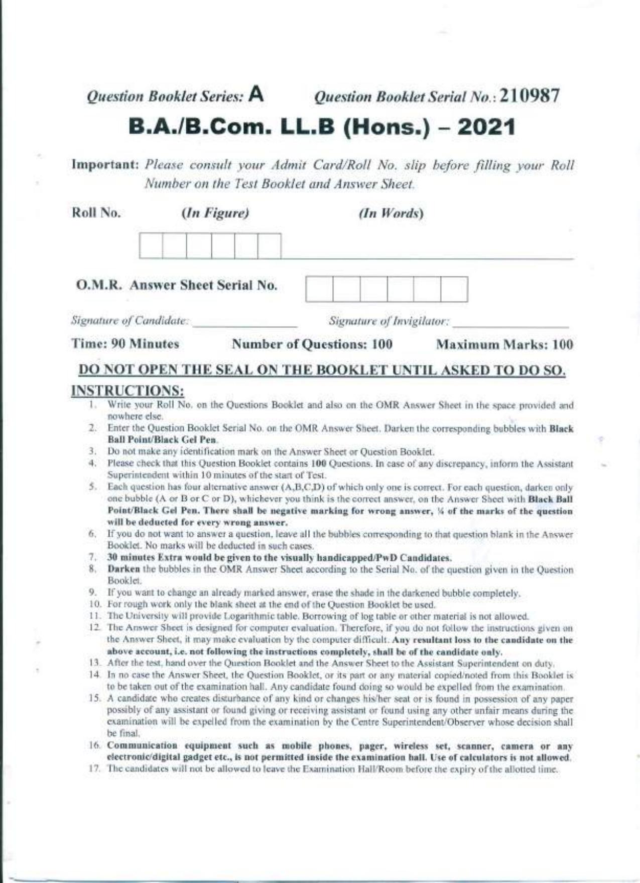PU B.A./B.Com. LLB. (Hons.) 2021 Question Paper - Page 1