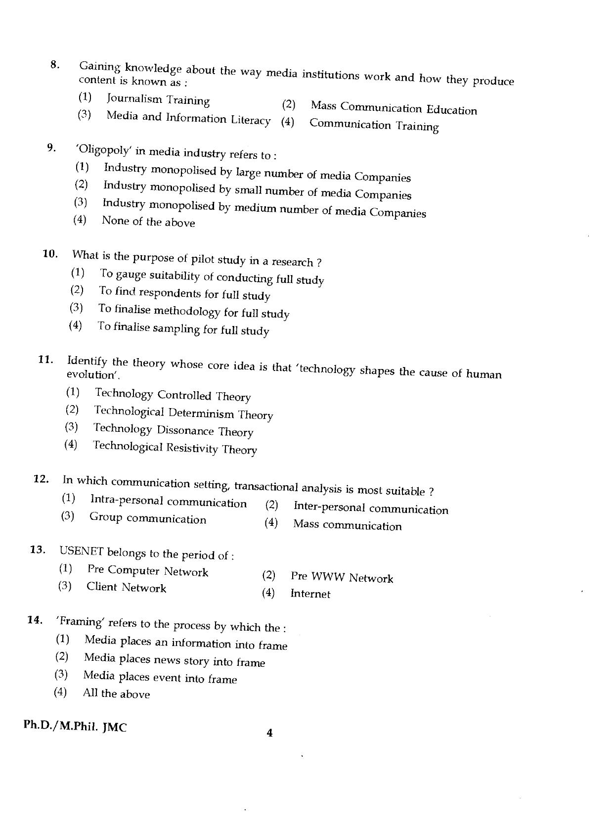 IGNOU PhD Entrance Test Ph.D./M.Phil (Journalism And Mass Communication) 2019 Question Paper - Page 4