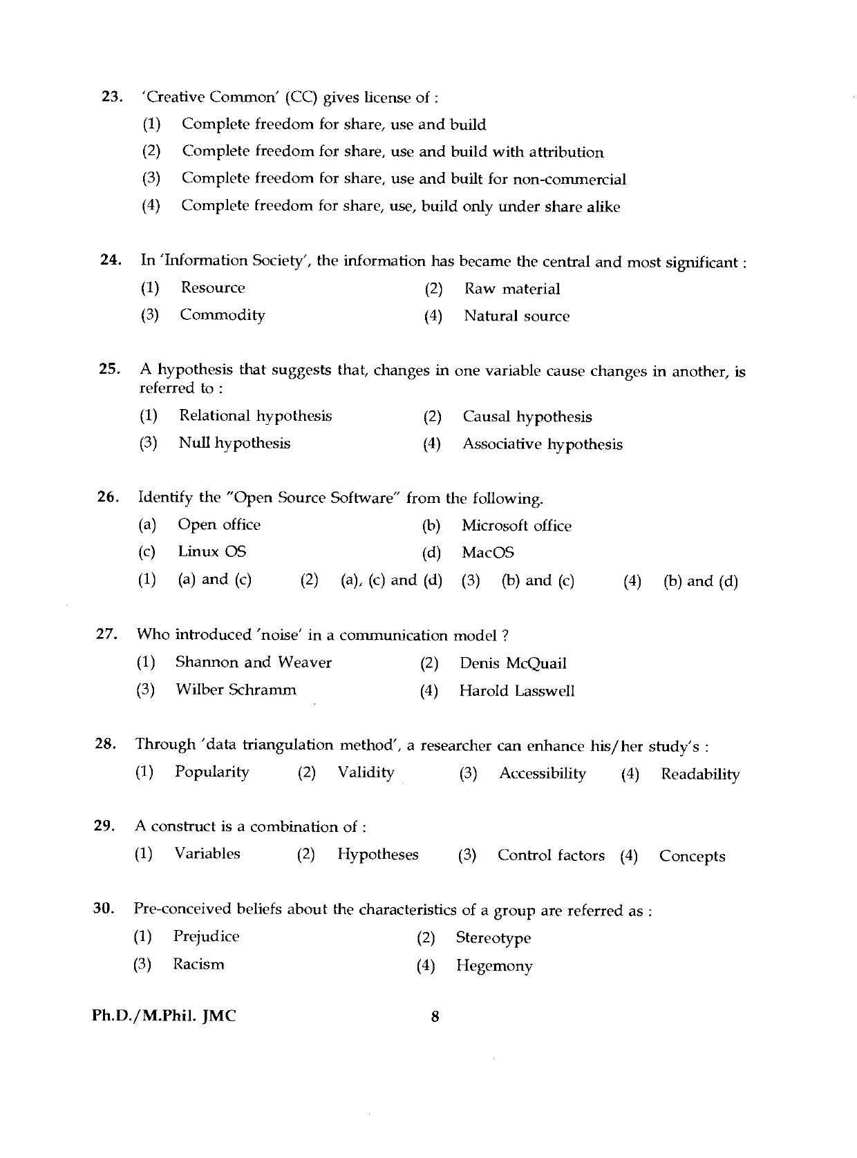 IGNOU PhD Entrance Test Ph.D./M.Phil (Journalism And Mass Communication) 2019 Question Paper - Page 8