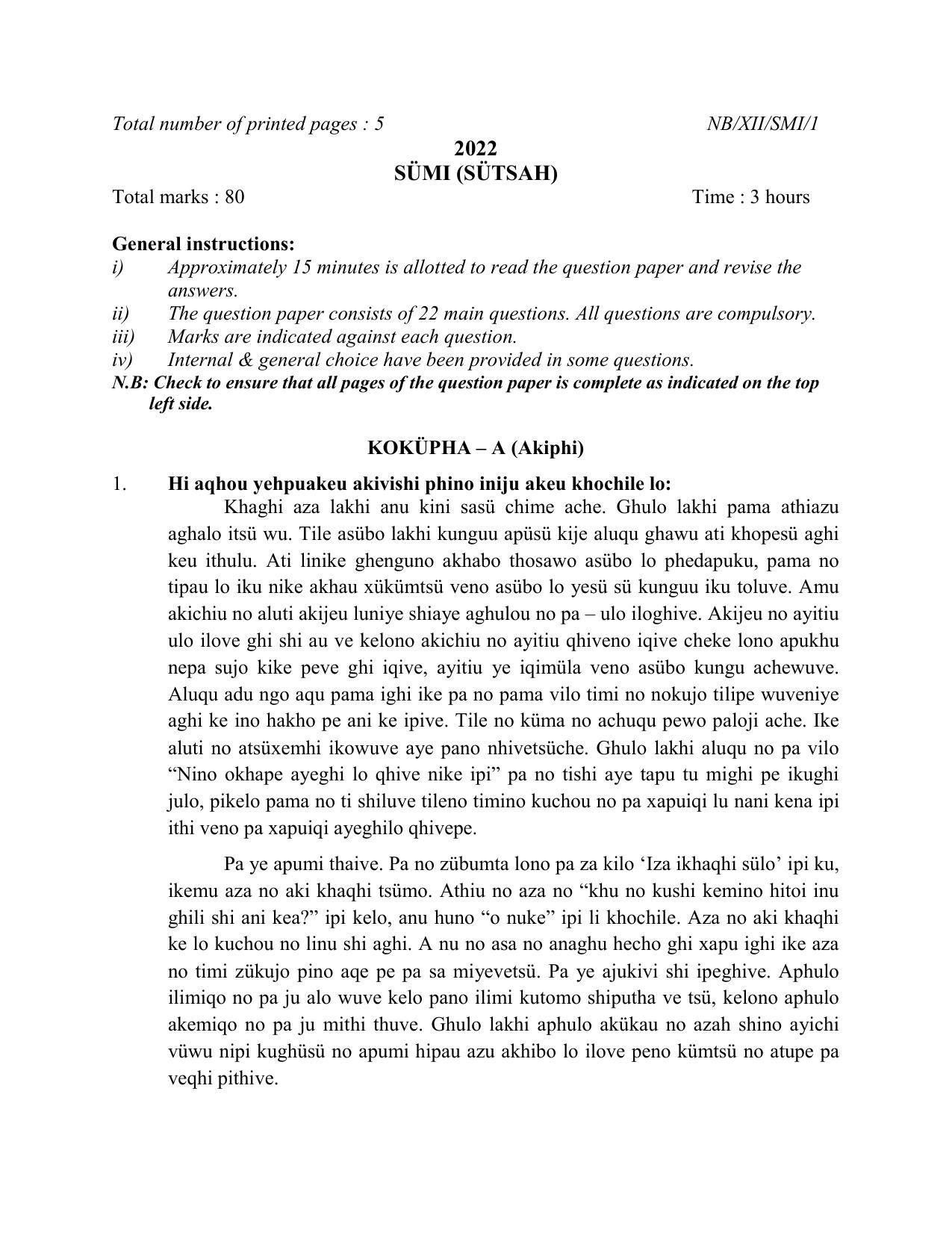 Nagaland Board Class 12 Sumi (Sütsah) 2022 Question Paper - Page 1